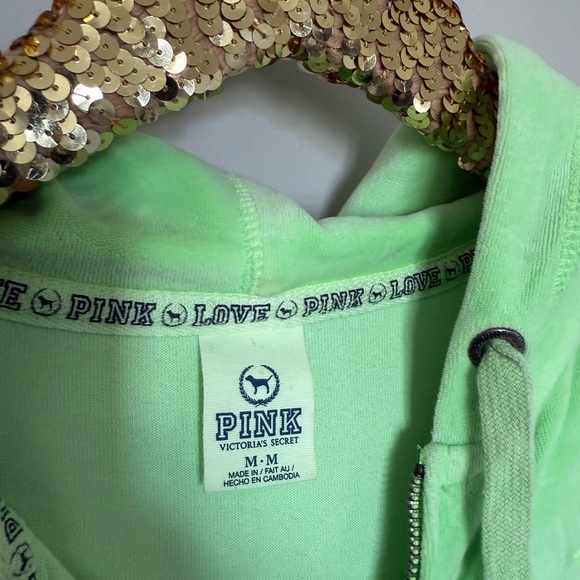 PINK Victoria's Secret Lime Green Sequin Hoodie MEDIUM - Picture 3 of 4